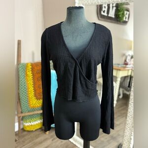 Strut and Bolt • Textured Bell Sleeve Faux Wrap Cropped Blouse